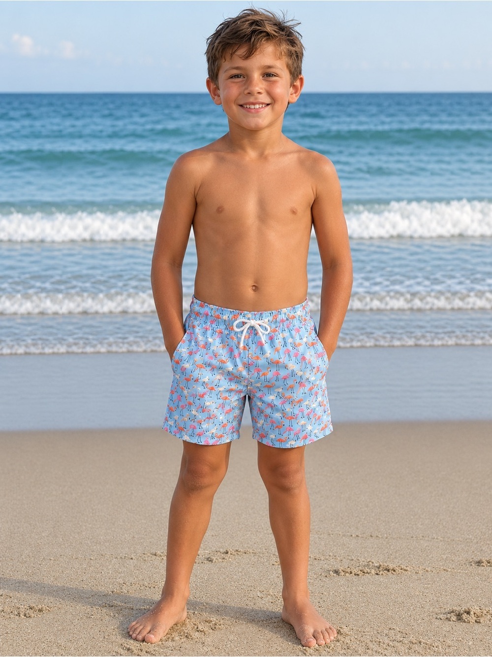 Janie & Jack Boys Light Blue Flamingo Print Swim Trunks